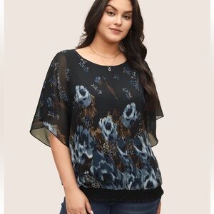 BloomChic Plus Size Pixel Flower Shirred Batwing Sleeve Blouse